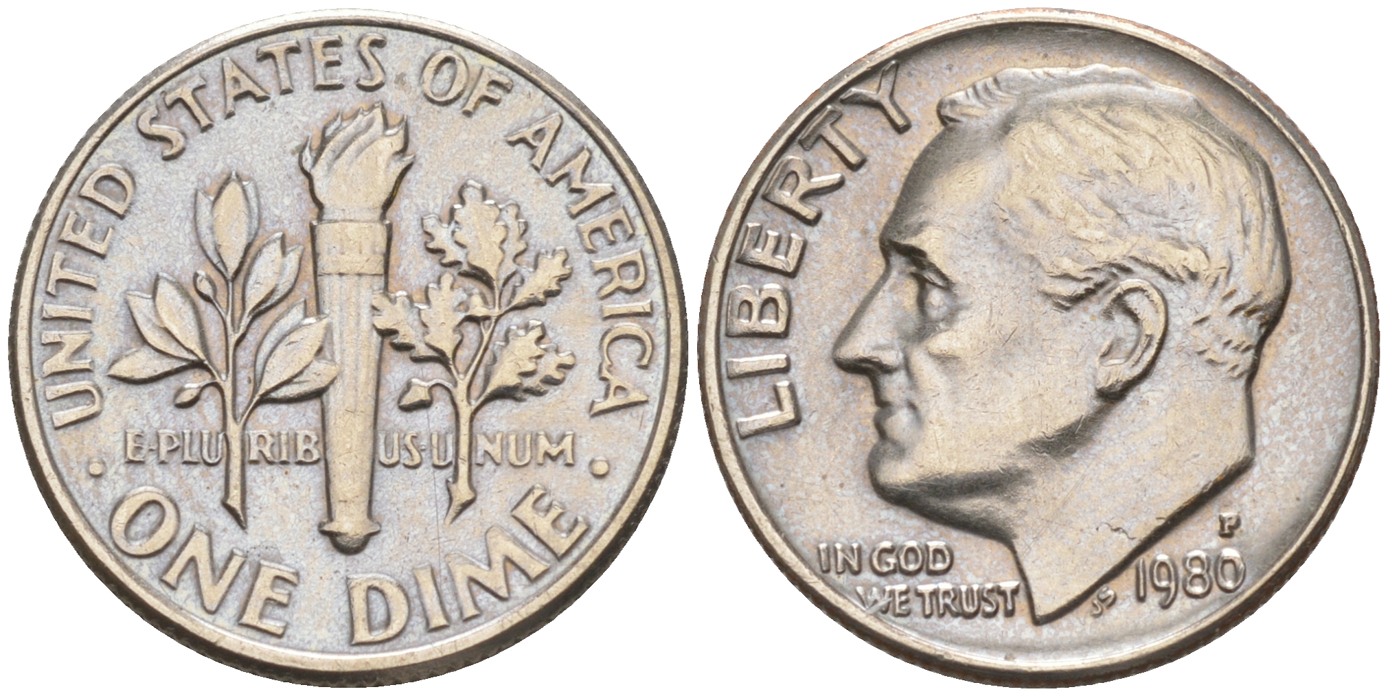 США 10 центов = дайм 1980 P, Рузвельт KM 195a медь плакированная медно-никелем 188-433