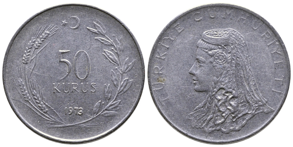 Турция 50 курушей 1973 Анатолийская невеста KM 899 нержавеющая сталь 84-1211