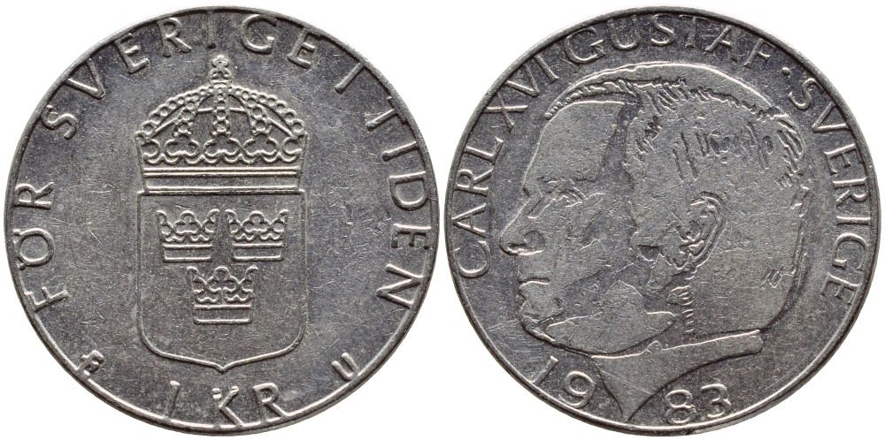Швеция 1 крона 1983 Карл XVI Густав (1973- ) KM 852a медно-никель 4397-1126