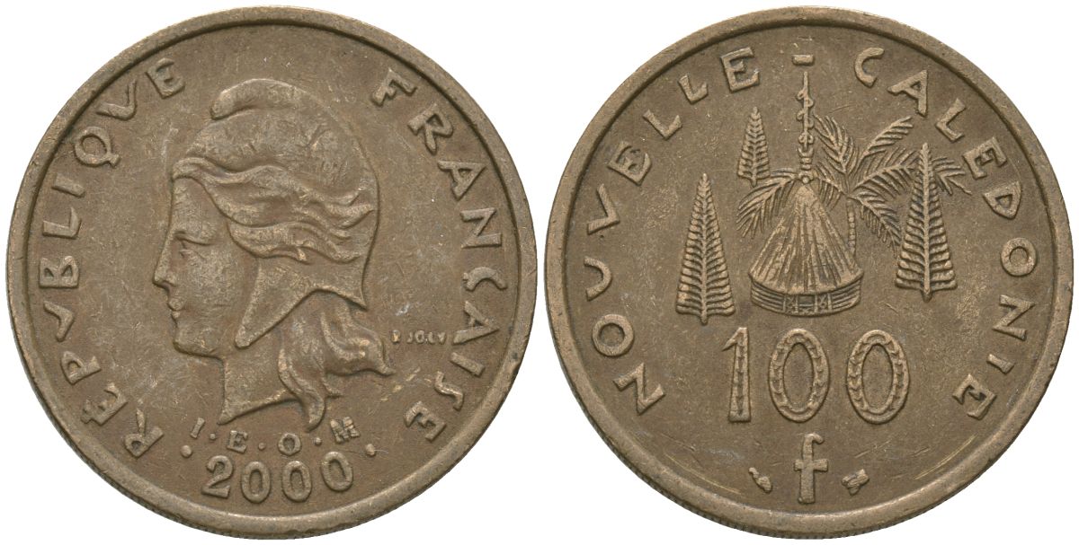 Французская Новая Каледония 100 франков 2000 хижина среди сосен и пальм, (IEOM) KM 15, Schoen 16, Lec 139d никель бронза 97-833