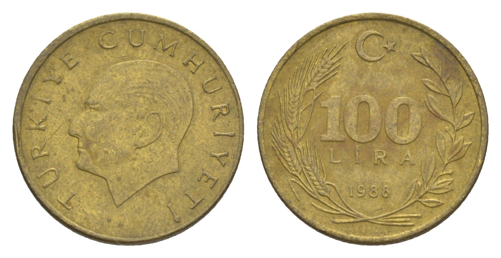 Турция 100 лир 1988 Кемаль Ататюрк KM 988 алюминиевая бронза 4647-638