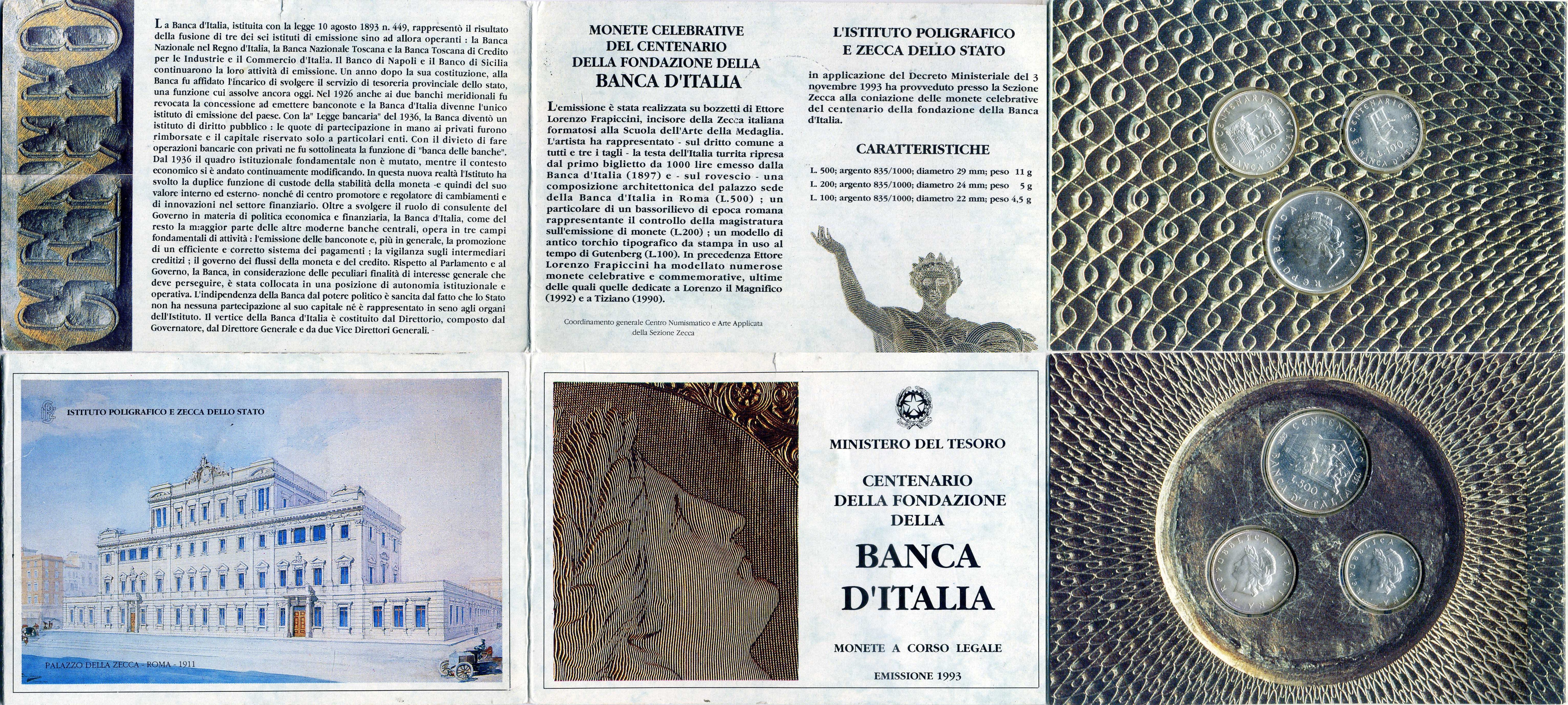 Италия официальный набор из 3 монет (100, 200 и 500 лир) 1993 100 лет банку Италии KM 171, 172, 173 серебро 3-4-4-11