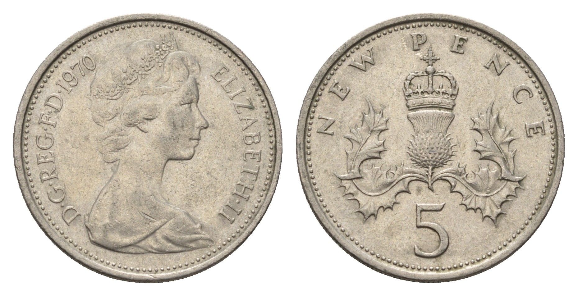 Великобритания 5 пенсов 1970 Елизавета II (1952-2022) KM 911, Spink 4233 (D1) медно-никель 4635-127