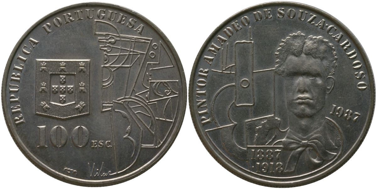 Португалия 100 эскудо 1987 INCM, 100 лет со дня рождения Амадеу ди Соуза-Кардозу KM 644 медно-никель aUNC 4587-1134