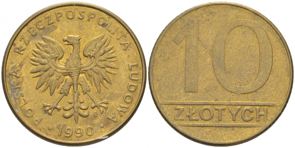 Польша 10 злотых 1990 MW, Народная Республика KM 152.2, Parchimowicz 244b латунь 4519-1026