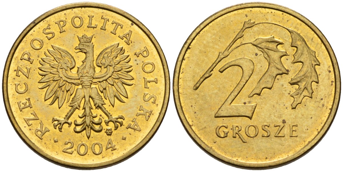 Польша 2 гроша 2004 MW KM 277, Parchimowicz 702k латунь 4580-524