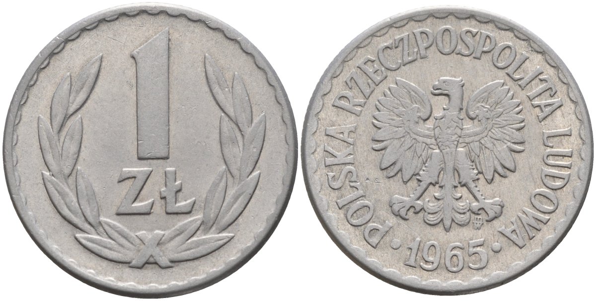 Польша 1 злотый 1965 MW KM 49.1, Parchimowicz 213b алюминий 4141-342