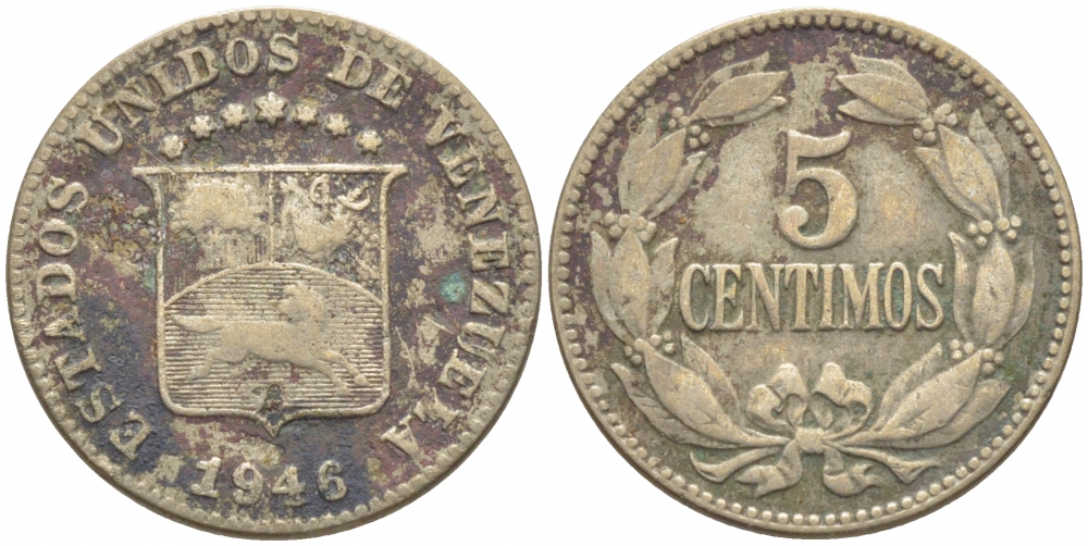 Венесуэла 5 сентимо 1946 р KM 29а медно-никель 112-311