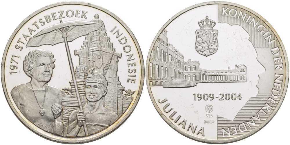 НИДЕРЛАНДЫ МЕДАЛЬ ND СЕРИЯ ЮЛИАНА КОРОЛЕВА НИДЕРЛАНДОВ (1909-2004), 1971 ГОД ГОСУДАРСТВЕННЫЙ ВИЗИТ В ИНДОНЕЗИЮ, ДИАМЕТР 38 ММ., ВЕС 25 ГР. серебро PROOF 1076-8-52