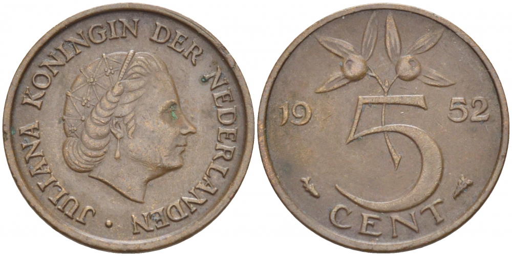 НИДЕРЛАНДЫ 5 ЦЕНТОВ 1952 ЮЛИАНА KM 181 бронза 214-766