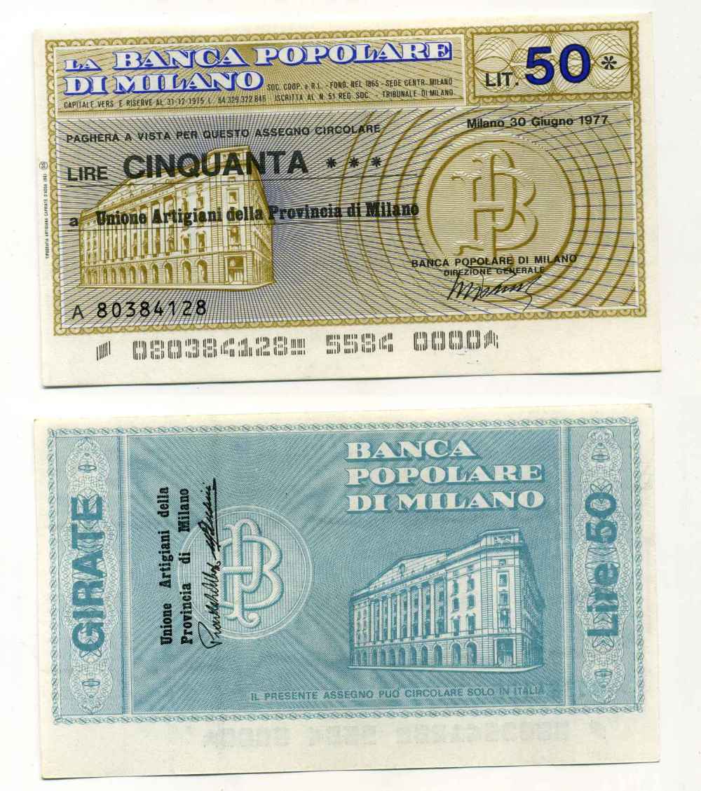 Италия 50 лир 1977 30 июня 1977 La Banca popoLare Di Milano бумага UNC (пресс) 8588-23-2-1
