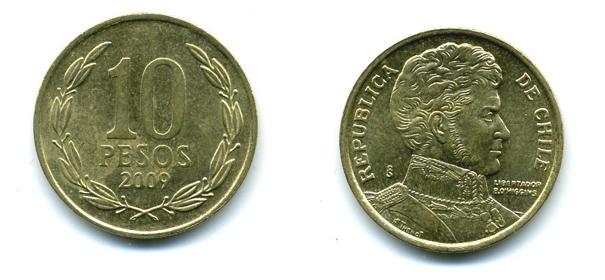 ЧИЛИ 10 ПЕСО 2009 ГЕНЕРАЛ БЕРНАРДО О ХИГГИНС KM 228.2 никель-бронза 37-744