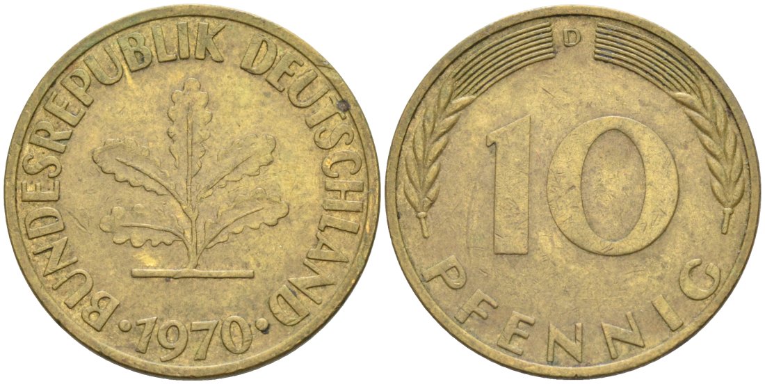 ФРГ 10 пфеннигов 1970 D KM 106 сталь плакированная латунью 4571-534