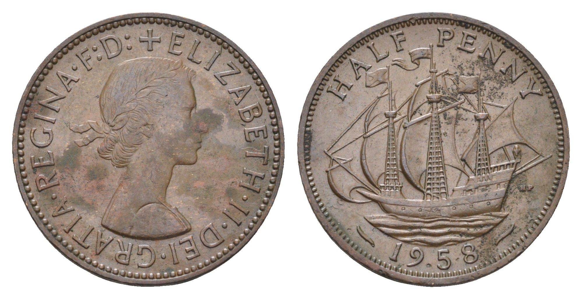 Великобритания 1/2 пенни 1958 Елизавета II (1952-2022) KM 896, Spink 4158 бронза    4660-637