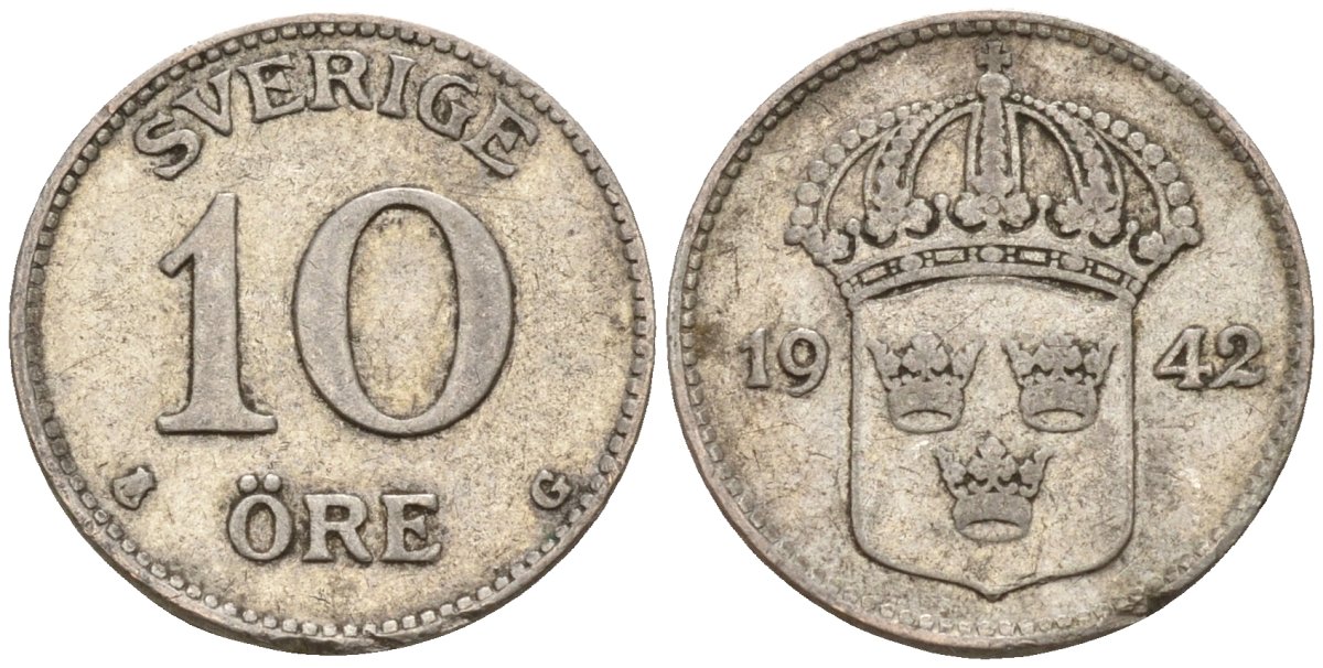 Швеция 10 эре 1942 G, Густав V (1907-1950) KM 780 серебро 4147-843