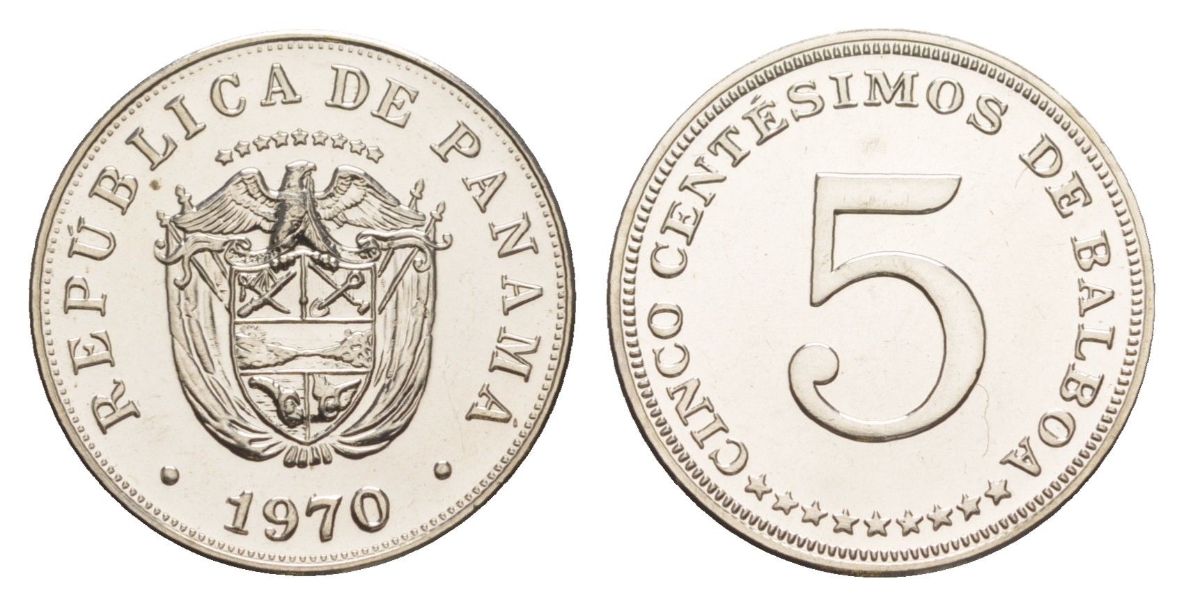 Панама 5 сентесимо 1970 тираж 9.528 экземпляров KM 23.2 медно-никель PROOF 1524-744