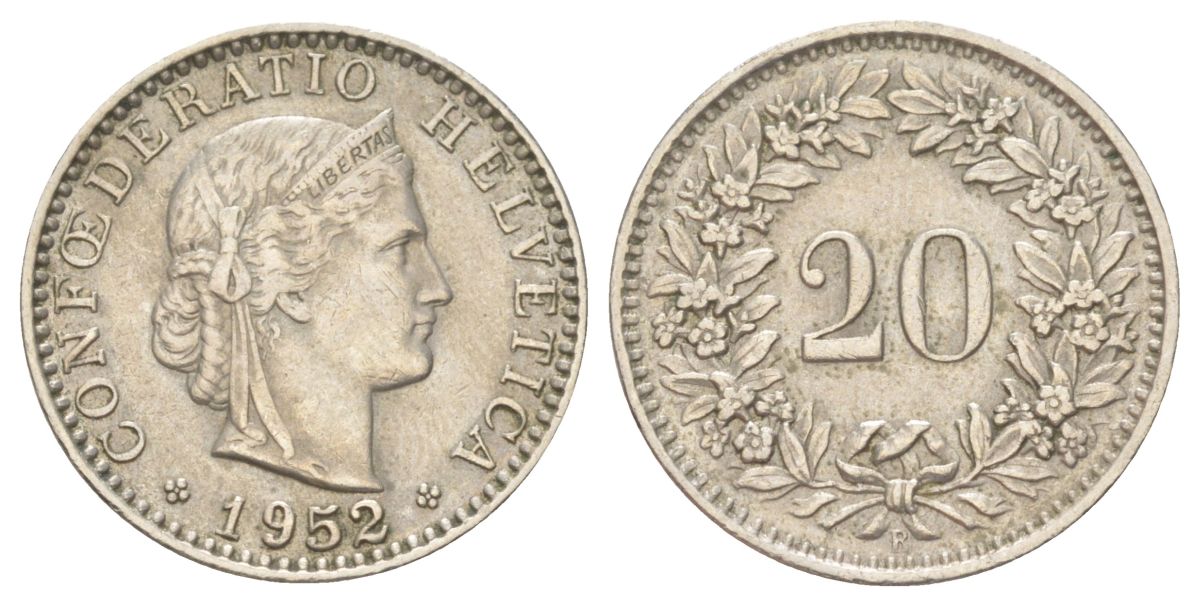 Швейцария 20 раппенов 1952 B KM 29a медно-никель 4625-445