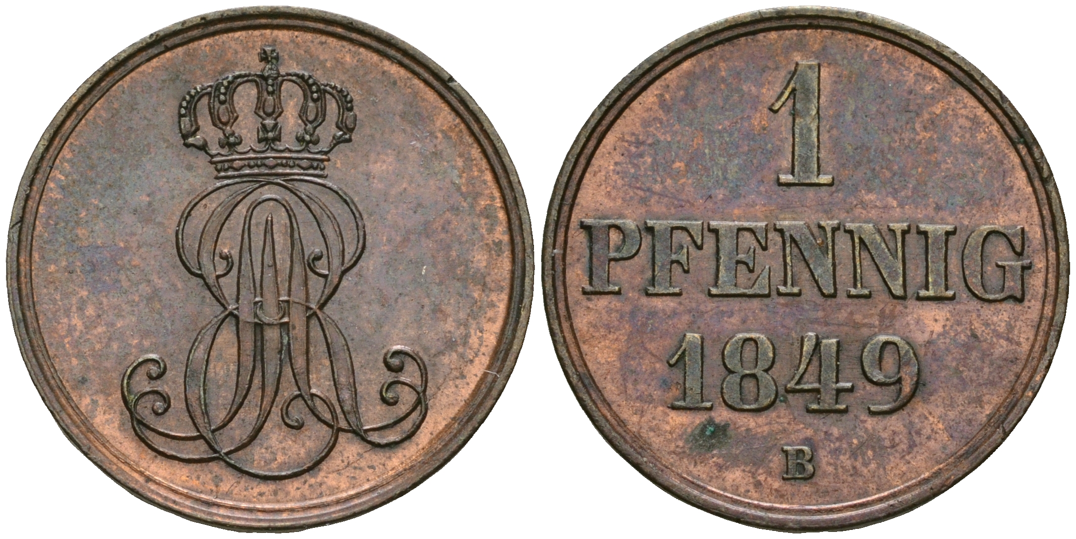 Ганновер 1 пфенниг 1849 B, Эрнст Август (1837-1851) KM 201.1, AKS 129, J. 74 медь 4608-1044