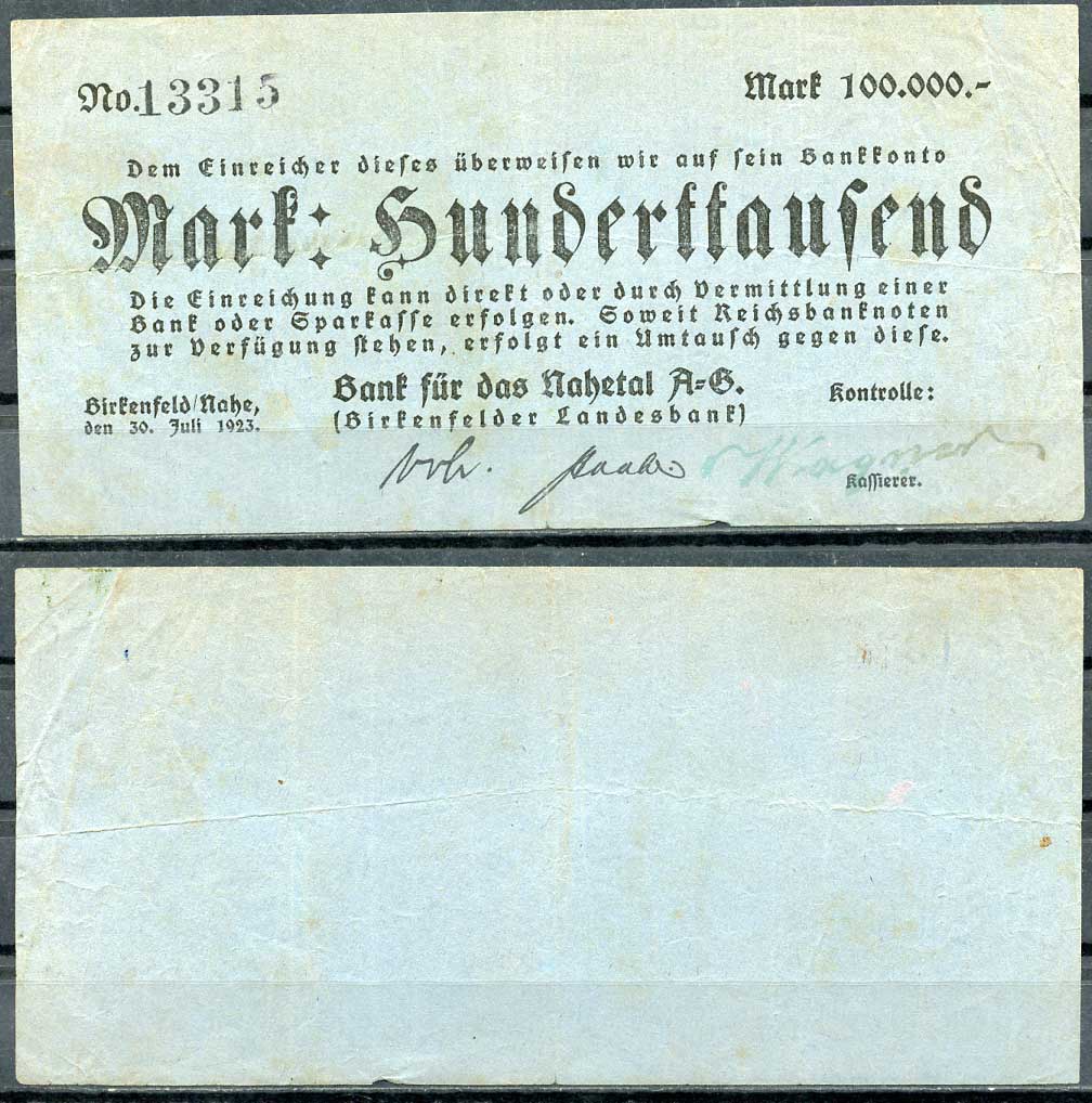 Германия, Биркенфельд 100000 марок 1923 нотгельд, 30.07.1923 бумага 444-112-2-2