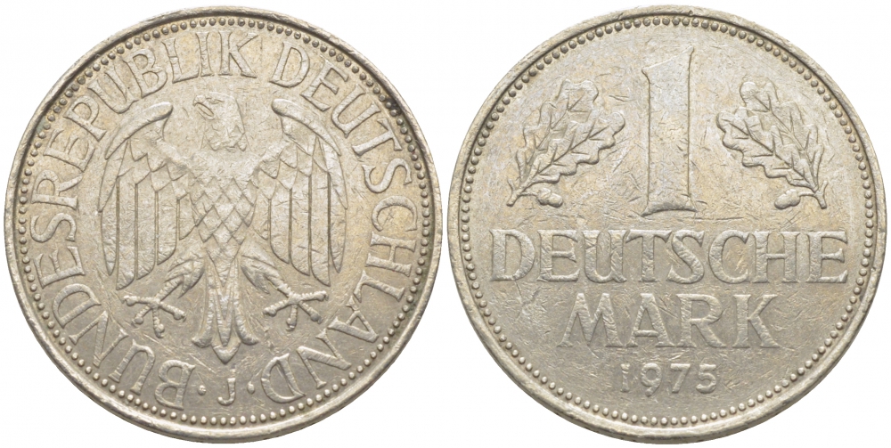 ФРГ 1 МАРКА 1975 J KM 110, J. 385 медно-никель 3856-135