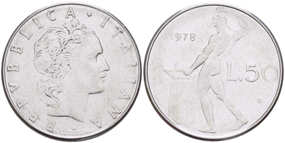 ИТАЛИЯ 50 ЛИР 1978 R, КУЗНЕЦ KM 95.1 нержавеющая сталь 4523-657