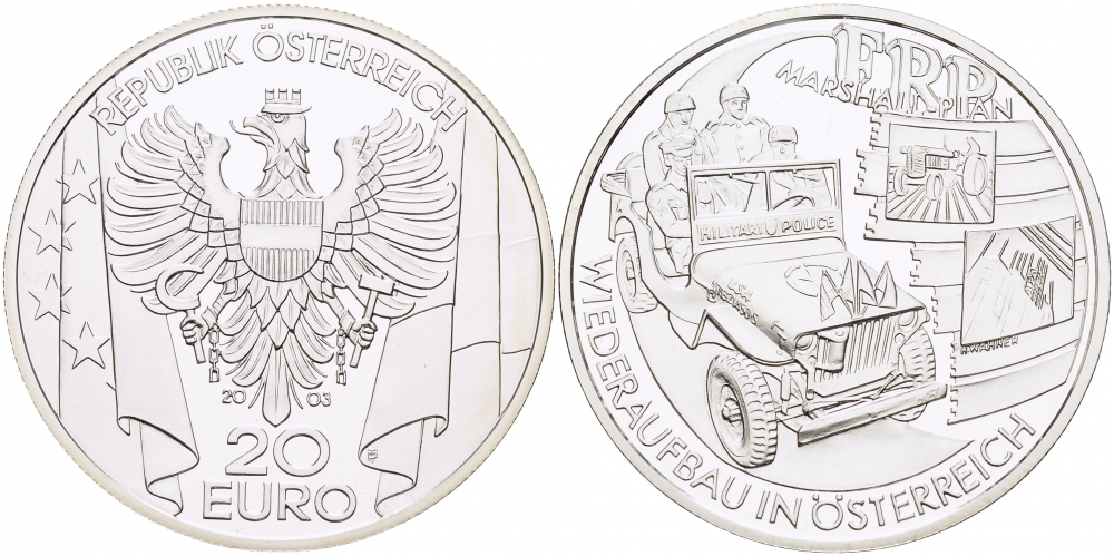 Австрия 20 евро 2003 план Маршала, военная полиция KM 3107 серебро PROOF 1087-3-75