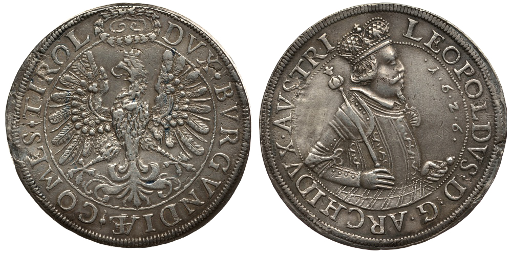 АВСТРИЯ, СВЯЩЕННАЯ РИМСКАЯ ИМПЕРИЯ, ТИРОЛЬ 2 ТАЛЕРА 1626 ДОМ ГАБСБУРГОВ, ЭРЦГЕРЦОГ ЛЕОПОЛЬД V ТИРОЛЬСКИЙ (1619-1632), МОНЕТНЫЙ ДВОР ХАЛЛ, ЦИФРЫ ДАТЫ ПЕРЕД ПОРТРЕТОМ, ВЕНОК НАД ГОЛОВОЙ ОРЛА БОЛЬШОЙ KM 807.2, Davenport 3336 серебро 00-000-00