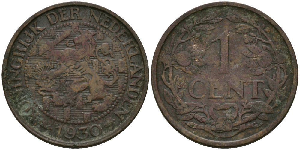 Нидерланды 1 цент 1930 Вильгельмина (1890-1948) KM 152 бронза 4576-1122
