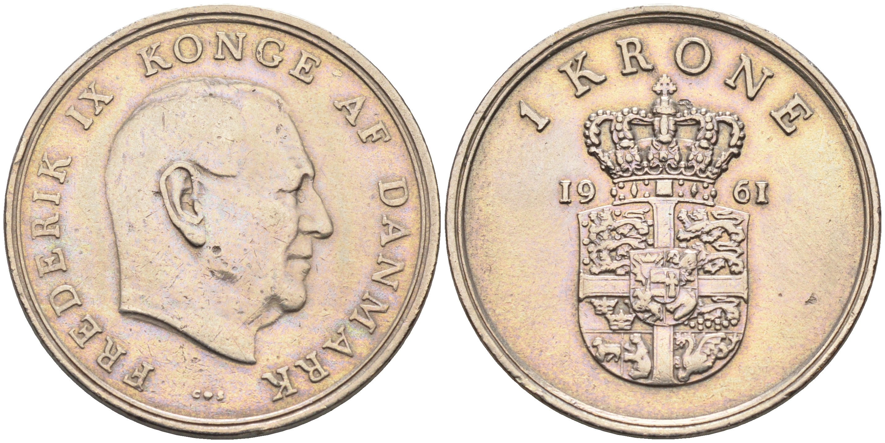 Дания 1 крона 1961 C. S, Фредерик IX (1947-1972) КМ 851.1 медно-никель    4177-311