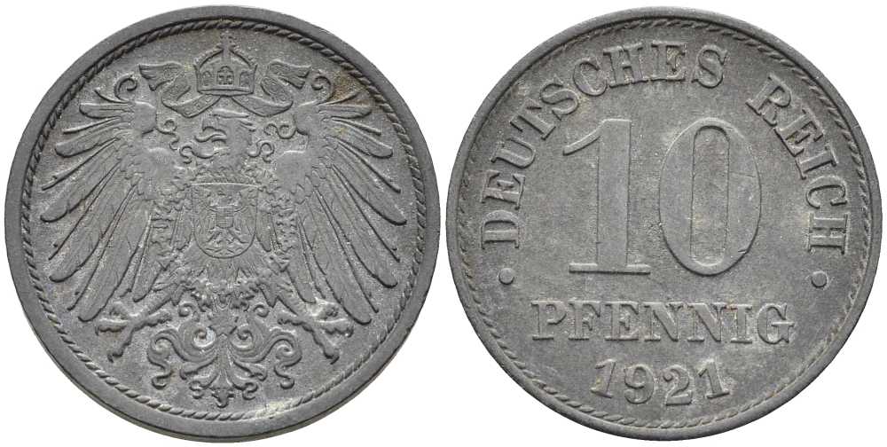 ГЕРМАНИЯ 10 ПФЕННИГОВ 1921 KM 26, J. 299 цинк 4401-157