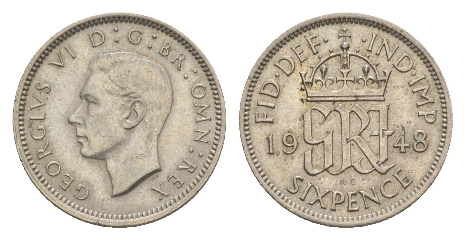 Великобритания 6 пенсов 1948 Георг VI (1936-1952) KM 862, Spink 4105 медно-никель 4636-235