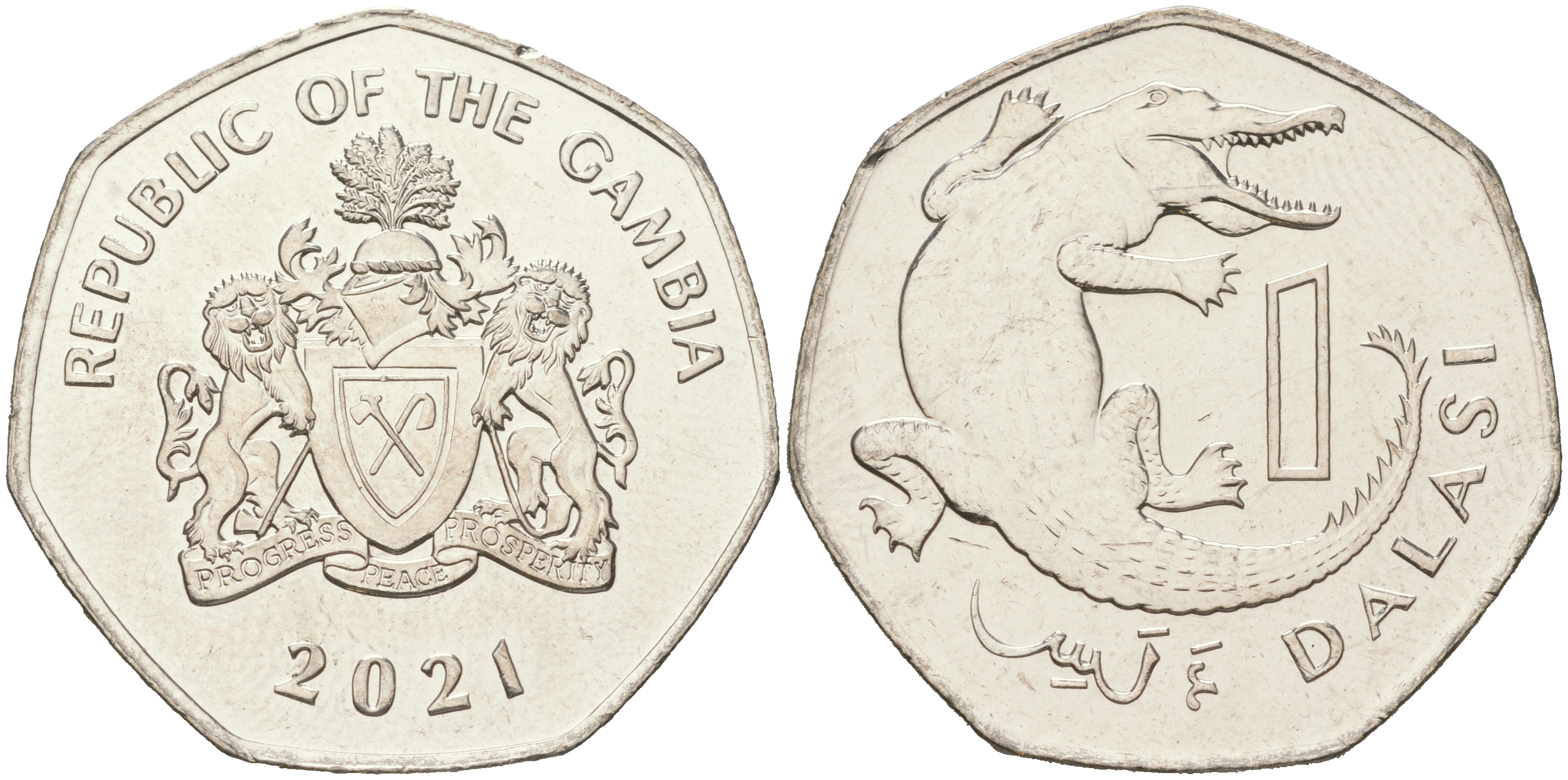Гамбия 1 даласи 2021 крокодил KM 59 a никелированная сталь  UNC  M27-20
