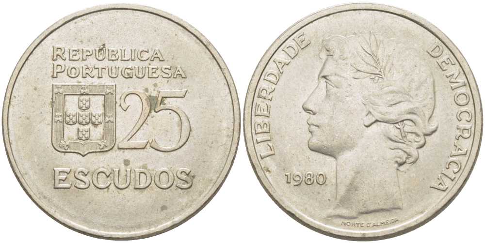 Португалия 25 эскудо 1980 первый год KM 607а медно-никель 113-241