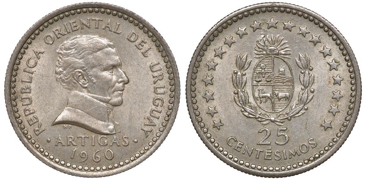 Уругвай 25 сентесимо 1960 KM 40 медно-никель 4169-838