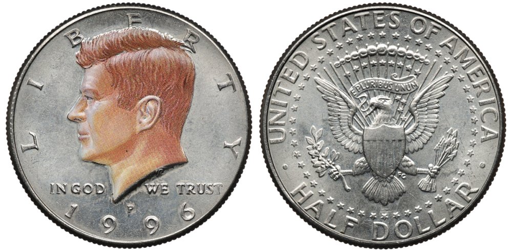 США 50 центов = 1/2 доллара 1996 Р, Президент Джон Кеннеди, цветная эмаль KM A202b медь плакированная медно-никелем UNC 01-107-11
