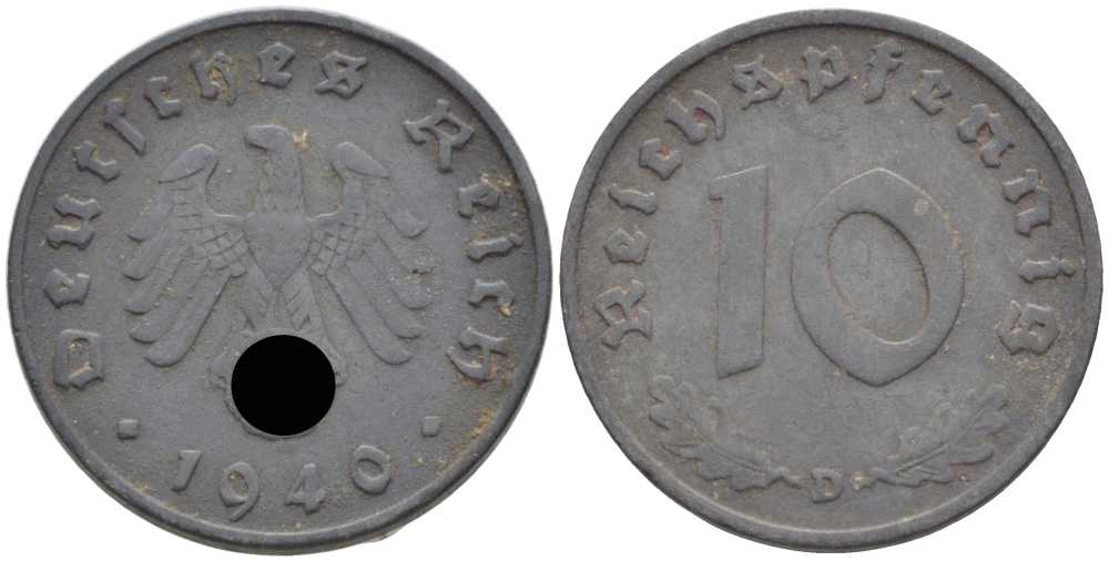 ГЕРМАНИЯ 10 РЕЙХСПФЕННИГОВ 1940 D KM 101, J. 371 цинк 4401-837