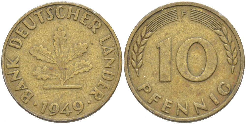 ФРГ 10 ПФЕННИГОВ 1949 F KM 103, J. 378 сталь плакированная латунью 4539-1051
