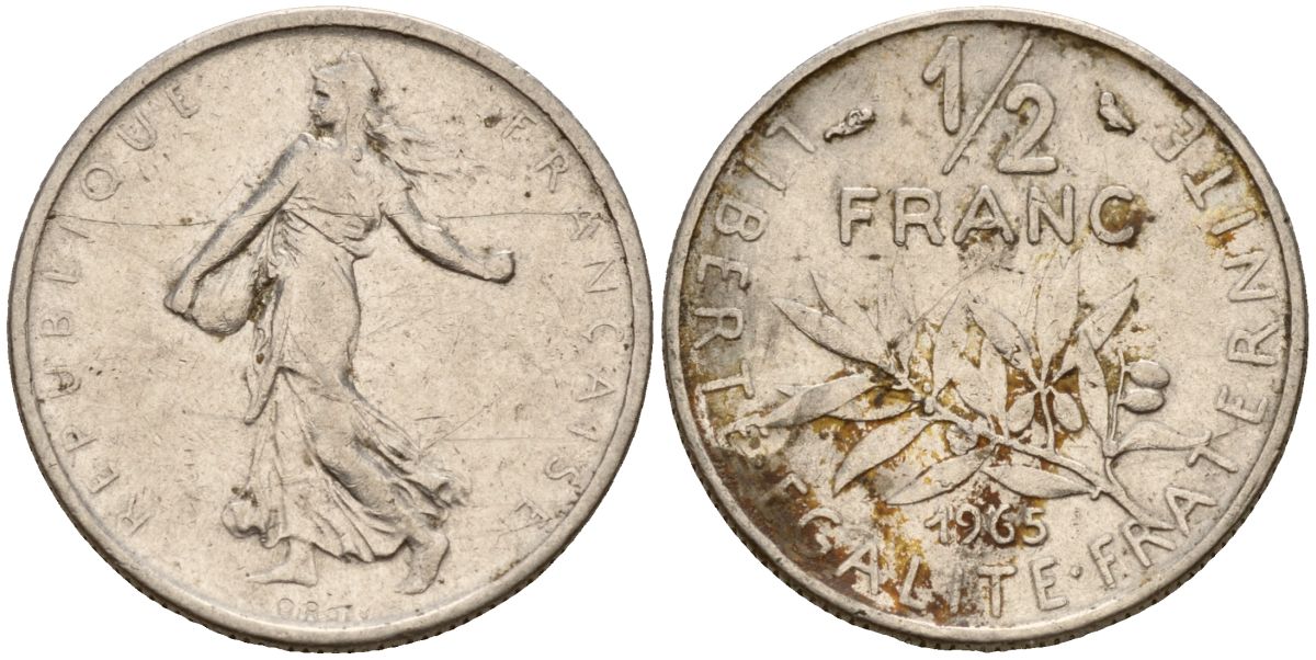 Франция 1/2 франка 1965 сеятель KM 931, Le Franc 198.3 никель 4115-628