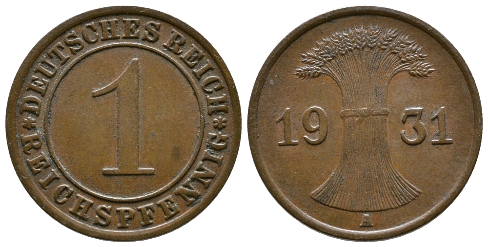 Германия 1 рейхспфенниг 1931 A KM 37, J. 313 бронза 4380-1218