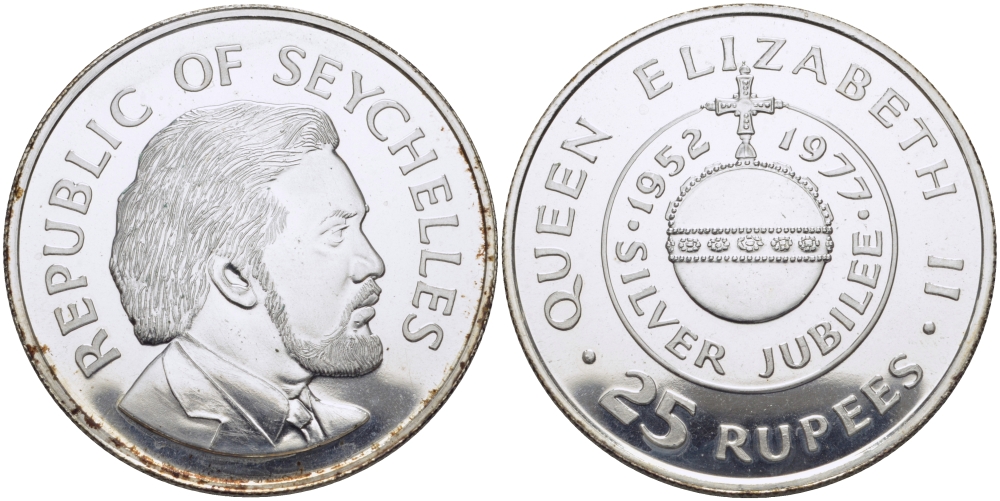 Сейшельские острова набор из 2 монет по 25 рупий 1977 25 лет правления (серебрянный юбилей) королевы Елизаветы II (1952-1977), в оригинальном буклете (UNC) и (PROOF) KM 38, 38a серебро UNC, PROOF 7-4-1-30