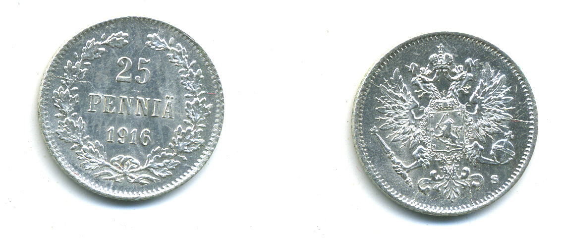Россия для Финляндии 25 пенни 1916 S, Николай II (1894-1917) KM 6.2, Биткин 421 серебро 4383-125