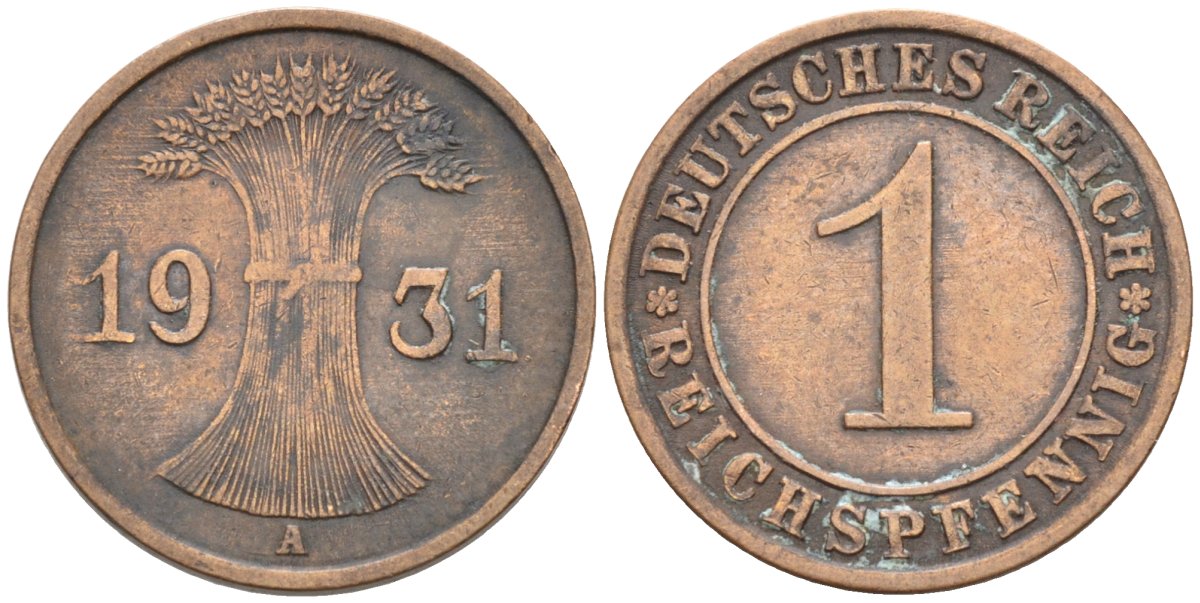 Германия 1 рейхспфенниг 1931 А KM 37, J.313 бронза 4576-841