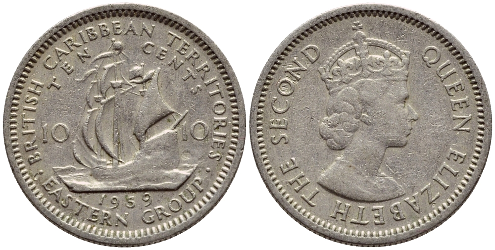 Британские Восточно-Карибские территории 10 центов 1959 Елизавета II (1952-2022), парусник KM 5 медно-никель 4387-711