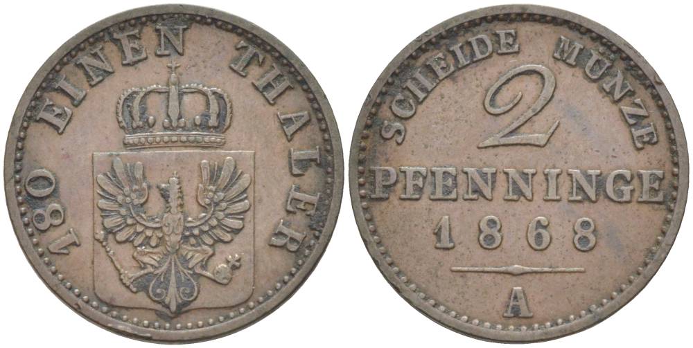 Пруссия 2 пфеннига 1868 A, Вильгельм I (1861-1888) KM 481, Jaeger 51, AKS 107, Olding 425 медь   31-625