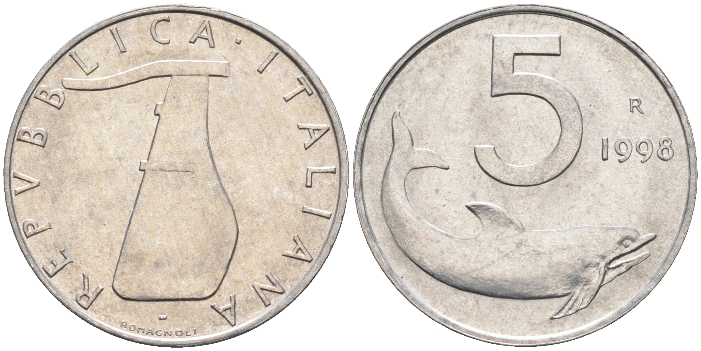 Италия 5 лир 1998 R, дельфин KM 92 алюминий  UNC  4594-819