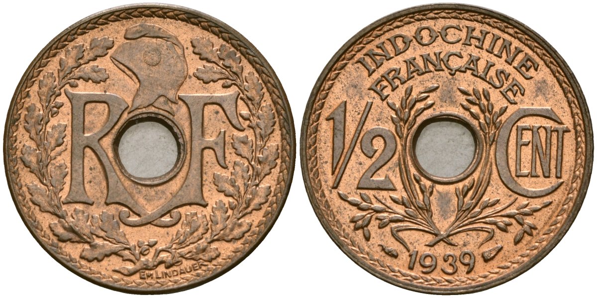 Французский Индокитай 1/2 сантима 1939 KM 20 бронза 4147-163