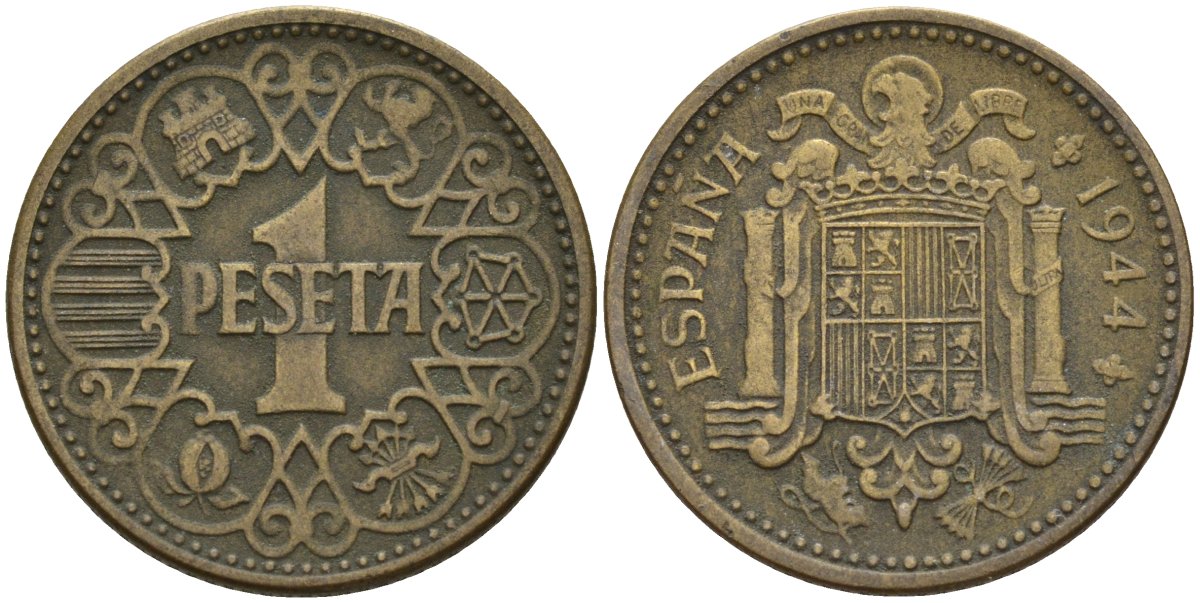 Испания 1 песета 1944 Национальное правительство (1939-1947) KM 767 алюминиевая бронза 4143-522