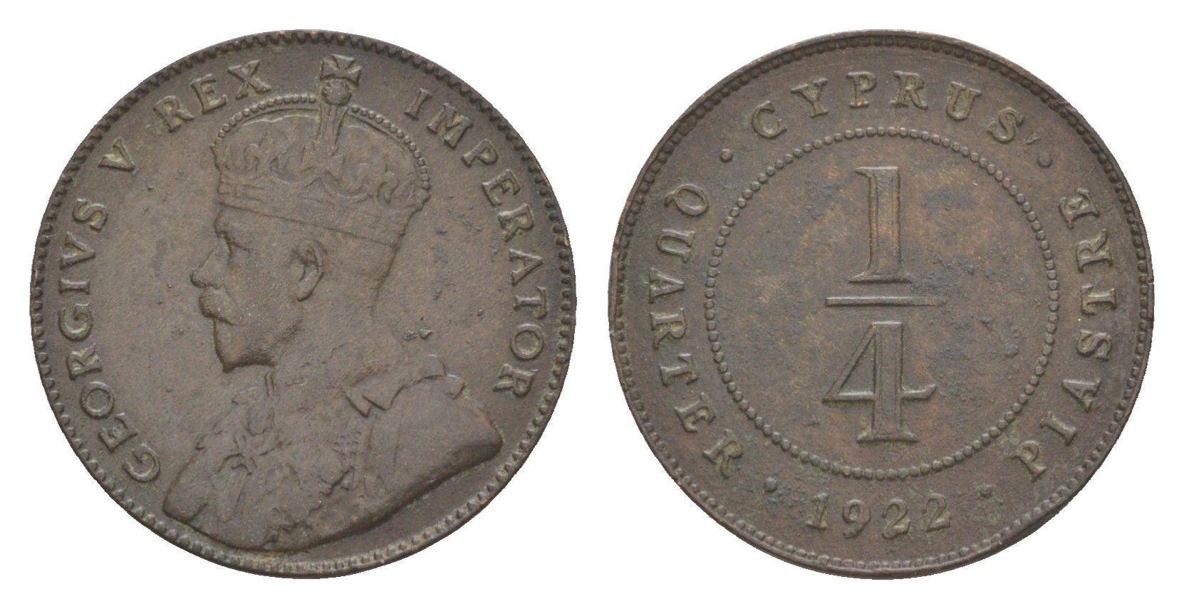 Кипр 1/4 пиастра 1922 Георг V (1910-1936), редкий год, тираж 72.000 экземпляров KM 16 бронза 4127-1133