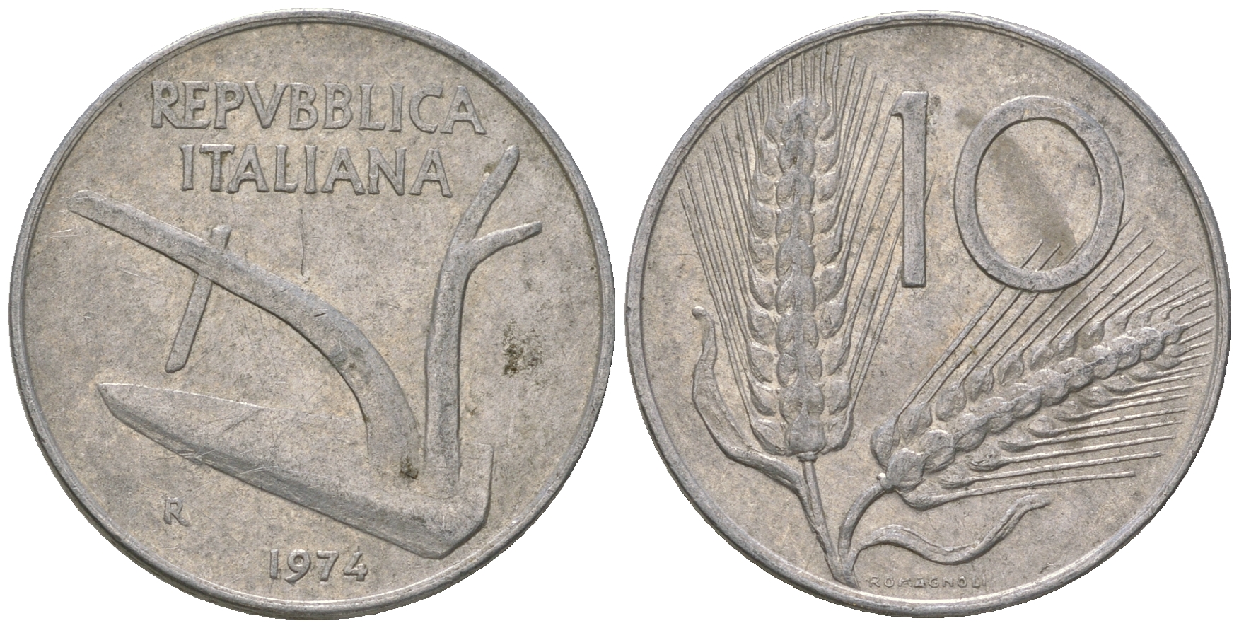 Италия 10 лир 1974 R, колосья, плуг KM 93 алюминий 4589-934