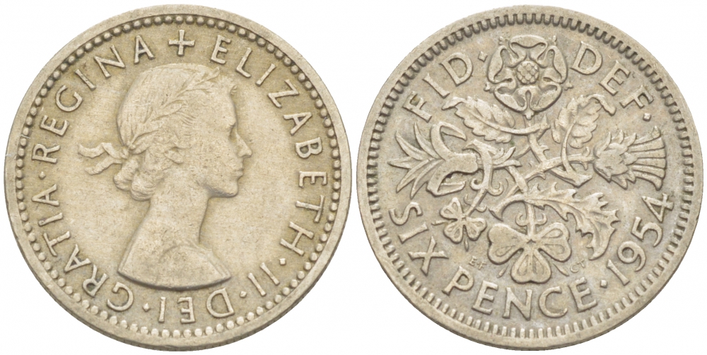 Великобритания 6 пенсов 1954 Елизавета II (1952-2022) KM 903, Spink 4149 медно-никель 214-1061